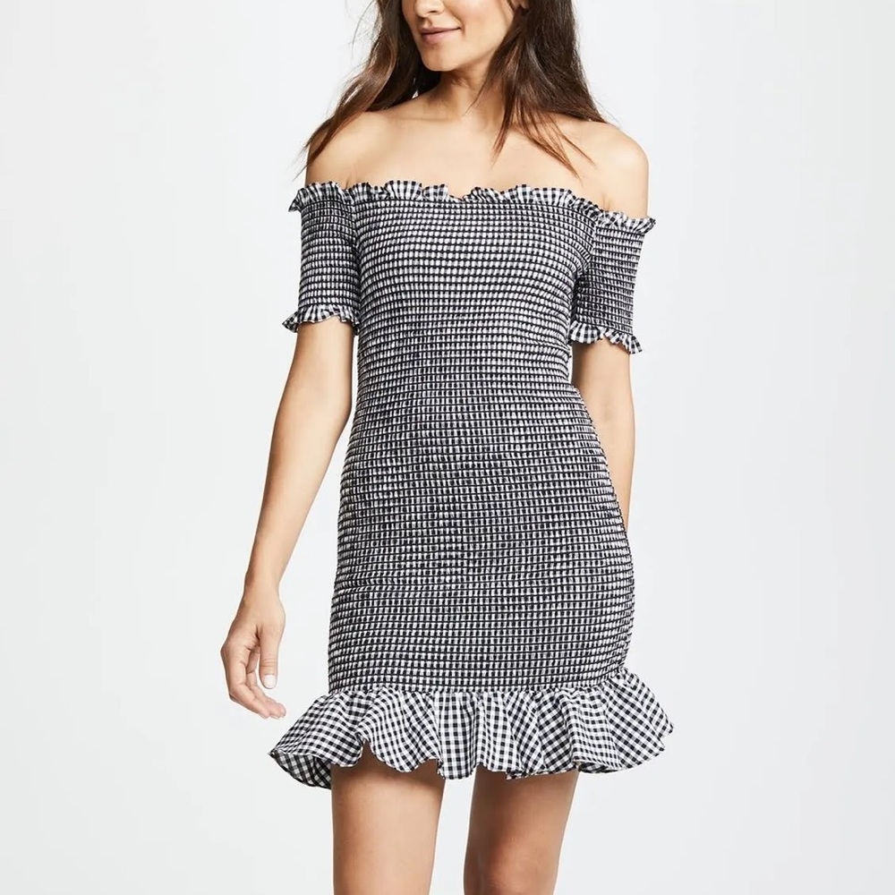 WAYF Scafati Gingham Off Shoulder Mini Dress in Black/White Print